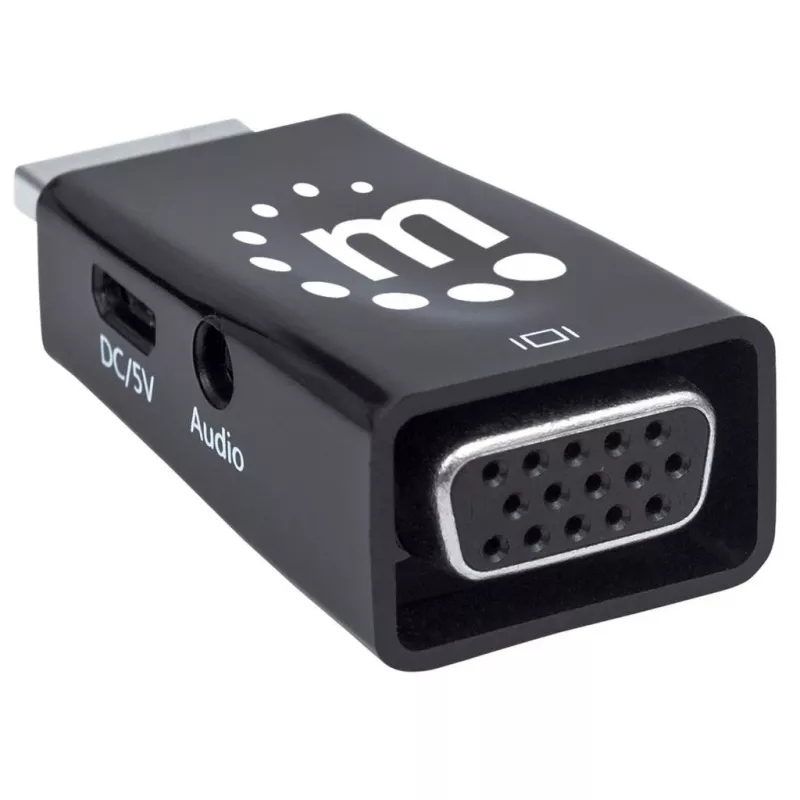 Manhattan HDMI į VGA (su garsu) keitiklis, 1080p, kištukas į lizdą, „Micro-USB“ maitinimo įvestis papildomam maitinimui, jei reikia, juodas, trejų metų garantija