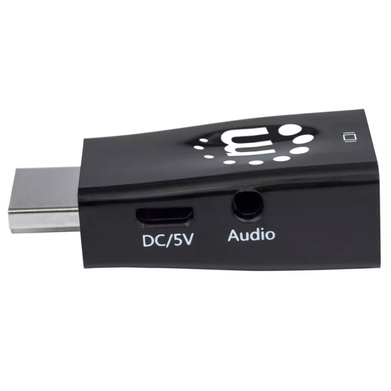 Manhattan HDMI į VGA (su garsu) keitiklis, 1080p, kištukas į lizdą, „Micro-USB“ maitinimo įvestis papildomam maitinimui, jei reikia, juodas, trejų metų garantija