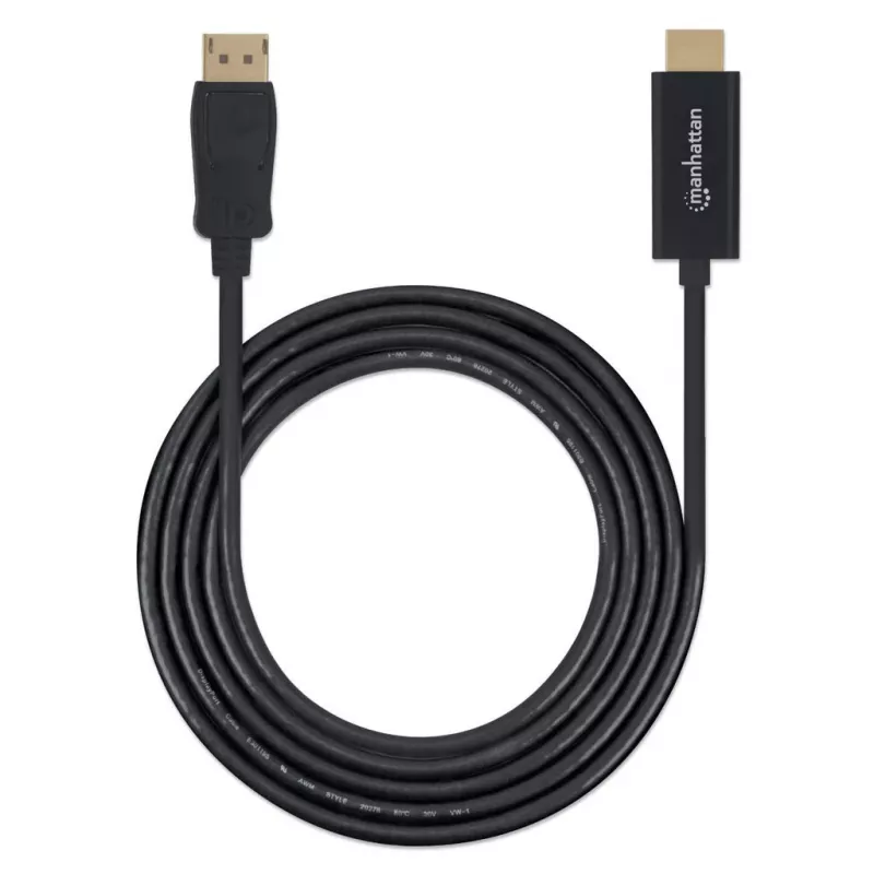 Manhattan DisplayPort 1.1 į HDMI kabelis, 1080p@60Hz, 1m, kištukas–kištukas, DP su fiksatoriumi, juodas, ne abipusės krypties, trejų metų garantija