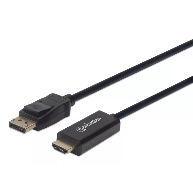 Manhattan DisplayPort 1.1 į HDMI kabelis, 1080p@60Hz, 1,8 m, Kištukas į kištuką, DP su fiksatoriumi, Juodas, Ne dvikryptis, Trejų metų garantija