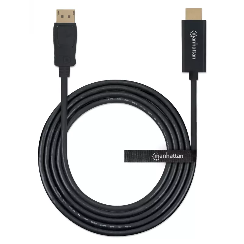 Manhattan DisplayPort 1.1 į HDMI kabelis, 1080p@60Hz, 1,8 m, Kištukas į kištuką, DP su fiksatoriumi, Juodas, Ne dvikryptis, Trejų metų garantija