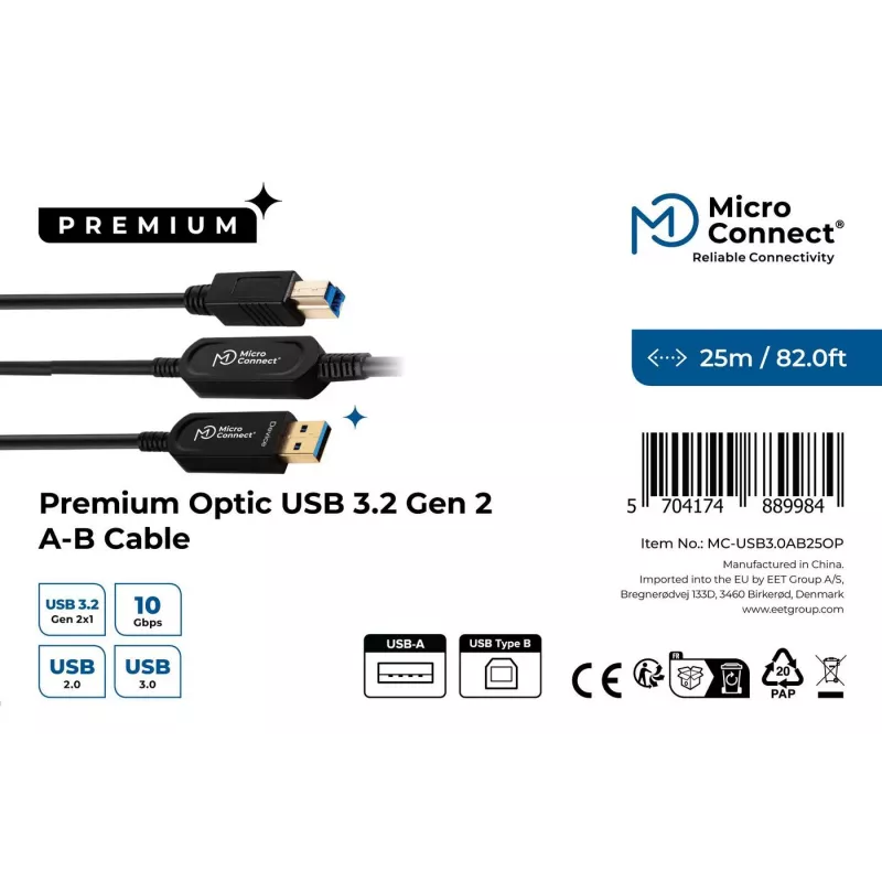 Microconnect MC-USB3.0AB25OP USB kabelis USB 3.2 Gen 2 (3.1 Gen 2) 25 m USB A USB B juodas