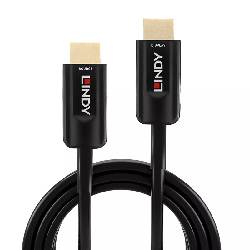 Hibridinis šviesolaidinis HDMI laidas Lindy 15 m, itin didelės spartos 48 Gbit/s, HDMI 2.1, paauksuotomis jungtimis, juodas