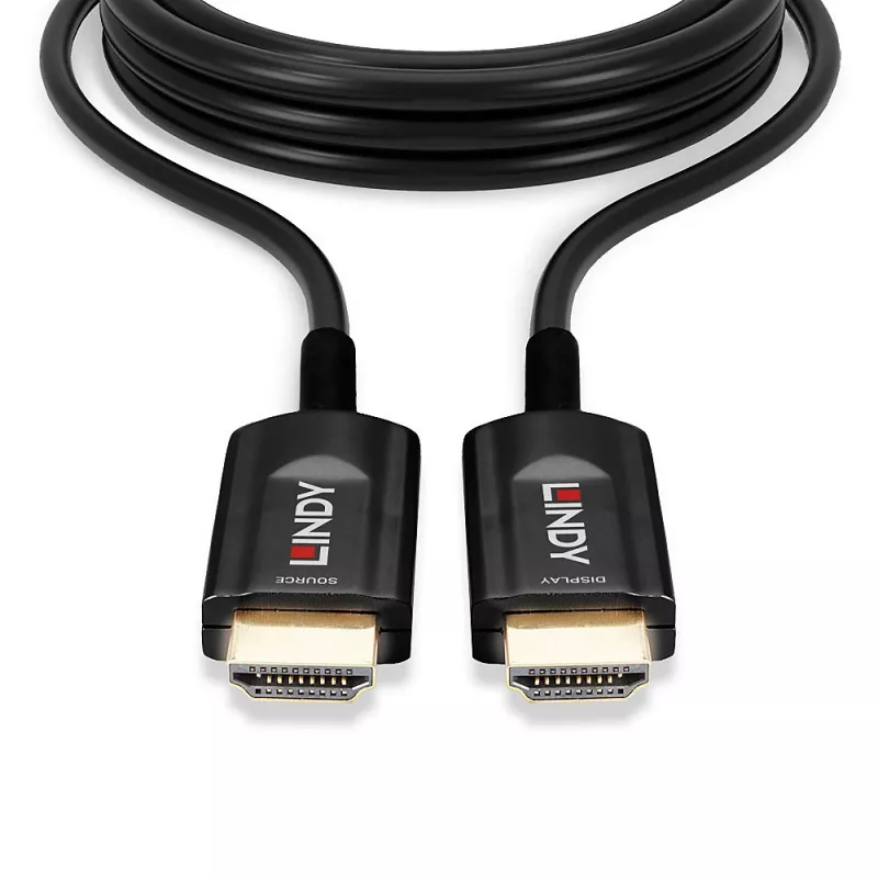 Hibridinis šviesolaidinis HDMI laidas Lindy 15 m, itin didelės spartos 48 Gbit/s, HDMI 2.1, paauksuotomis jungtimis, juodas