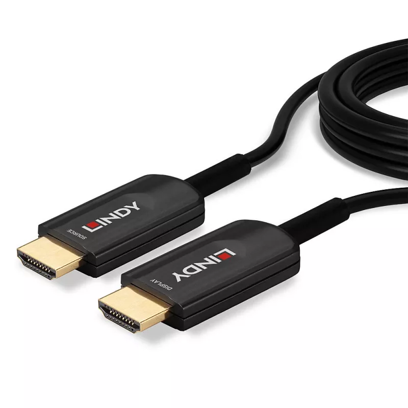 Hibridinis šviesolaidinis HDMI laidas Lindy 15 m, itin didelės spartos 48 Gbit/s, HDMI 2.1, paauksuotomis jungtimis, juodas