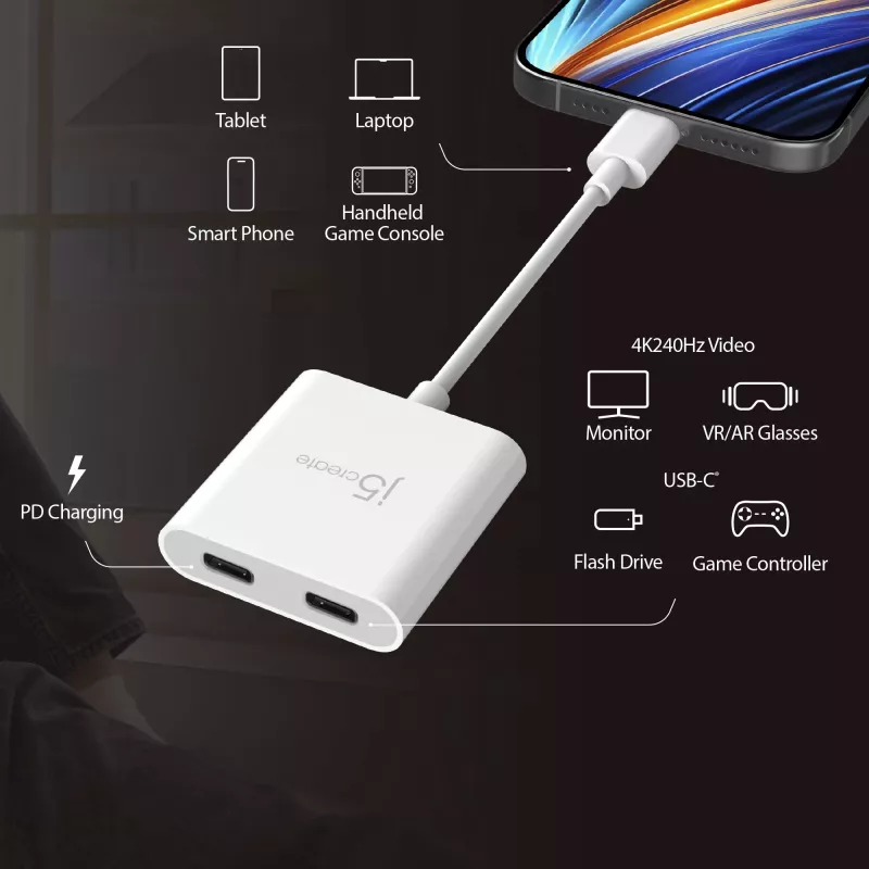 USB-C į dviejų USB-C adapterį j5create JCA164-N 3840x2160 240Hz
