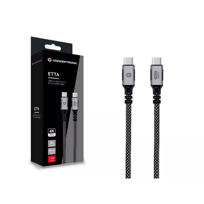 CONCEPTRONIC USB-C į USB-C laidas ETTA07B12 — USB 3.2 Gen 2x2, 1,2 m, 20 Gb/s, PD 3.0 100 W (20 V/5 A), 4K60Hz, juodas, E‑Mark