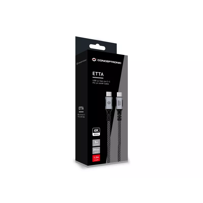 CONCEPTRONIC USB-C į USB-C laidas ETTA07B12 — USB 3.2 Gen 2x2, 1,2 m, 20 Gb/s, PD 3.0 100 W (20 V/5 A), 4K60Hz, juodas, E‑Mark