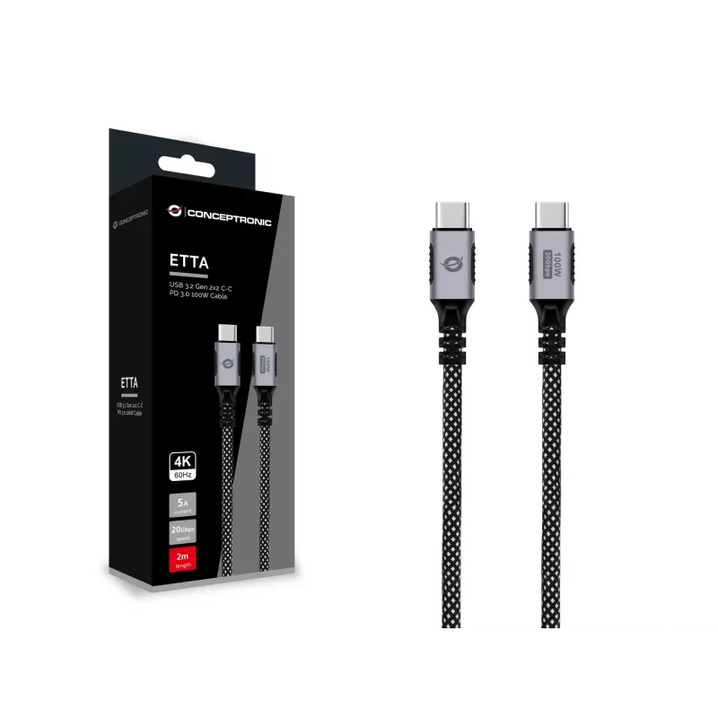 USB-C į USB-C kabelis CONCEPTRONIC ETTA07B20 — USB 3.2 Gen 2x2, 2 m, 20 Gbps, PD 3.0 100W (20V 5A), 4K@60Hz, E-mark