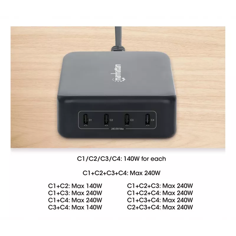 Įkroviklis Manhattan Four USB-C PD Ports 140 W vienam prievadui, 240 W iš viso