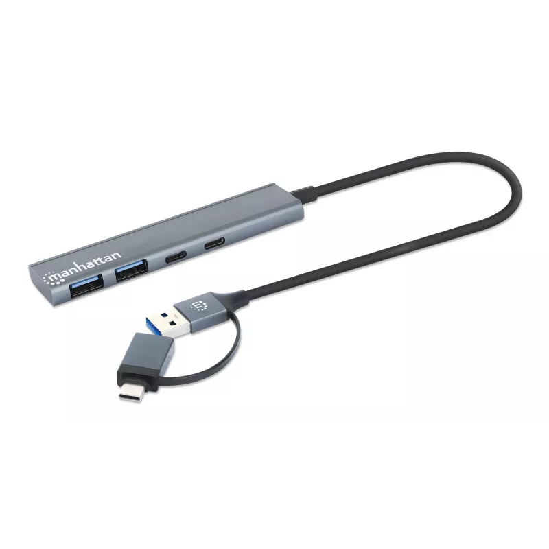 USB-C ir USB-A kombinuotas dokas / šakotuvas Manhattan 4 prievadai 5 Gbps aliuminis