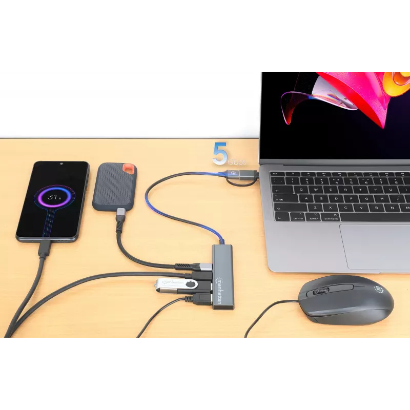 USB-C ir USB-A kombinuotas dokas / šakotuvas Manhattan 4 prievadai 5 Gbps aliuminis