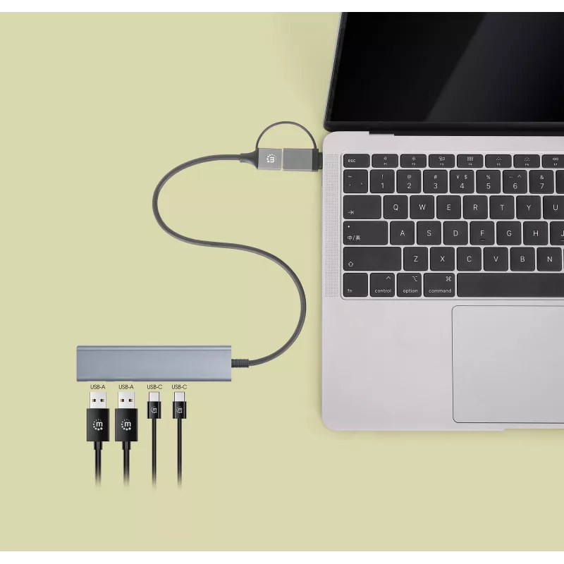 USB-C ir USB-A kombinuotas dokas / šakotuvas Manhattan 4 prievadai 5 Gbps aliuminis