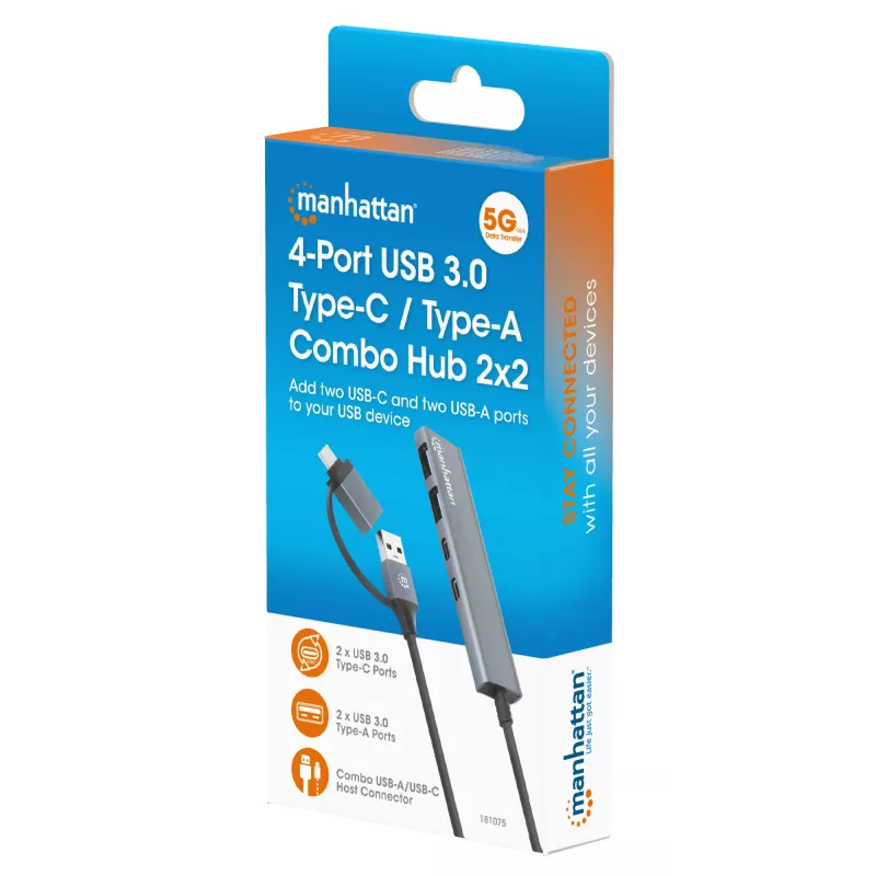 USB-C ir USB-A kombinuotas dokas / šakotuvas Manhattan 4 prievadai 5 Gbps aliuminis