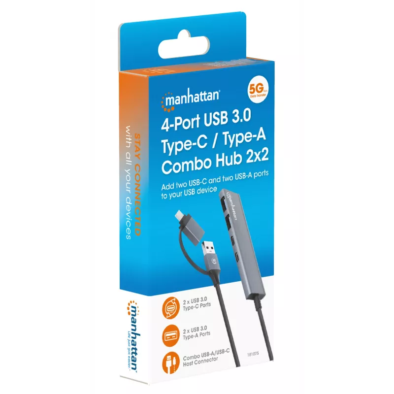 USB-C ir USB-A kombinuotas dokas / šakotuvas Manhattan 4 prievadai 5 Gbps aliuminis
