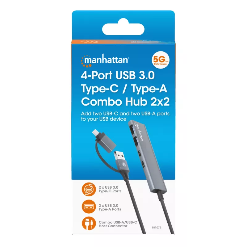USB-C ir USB-A kombinuotas dokas / šakotuvas Manhattan 4 prievadai 5 Gbps aliuminis
