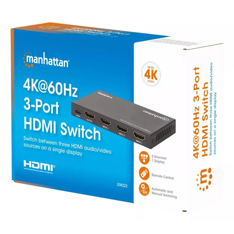 HDMI jungiklis 3x1 MANHATTAN 18G automatinis rankinis IR nuotolinio valdymo pultas juodas