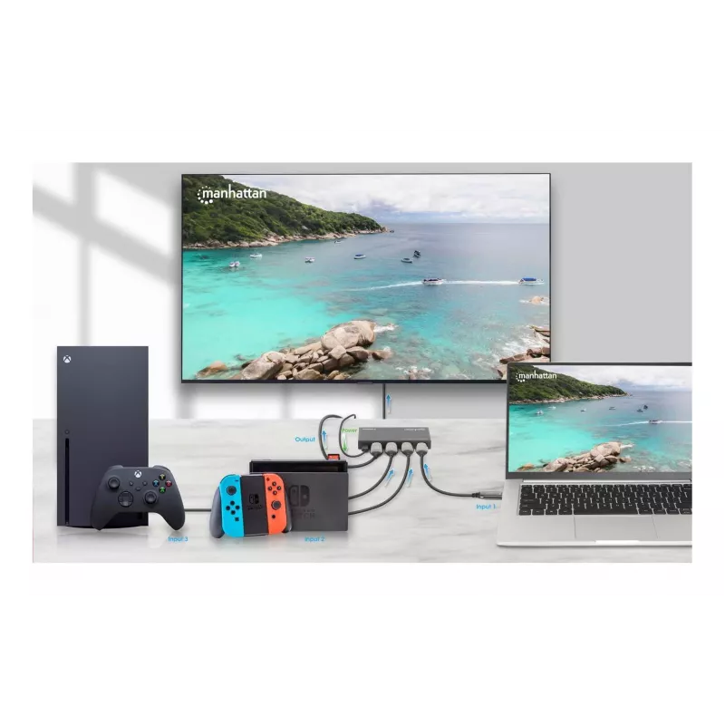 HDMI jungiklis 3x1 MANHATTAN 18G automatinis rankinis IR nuotolinio valdymo pultas juodas