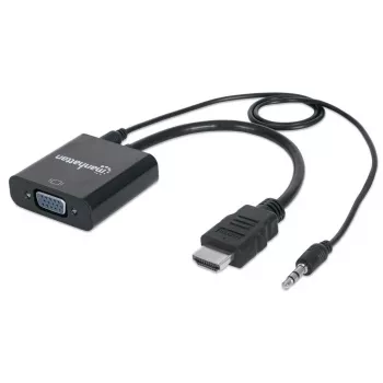 “Manhattan” HDMI į VGA (su garsu) keitiklio kabelis, 1080p, 30 cm, kištukas į lizdą, „Micro-USB“ maitinimo įvesties prievadas papildomai maitinimui prireikus, juodas, trejų metų garantija