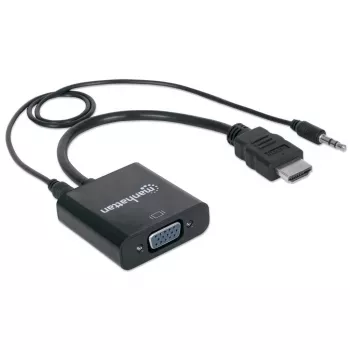 “Manhattan” HDMI į VGA (su garsu) keitiklio kabelis, 1080p, 30 cm, kištukas į lizdą, „Micro-USB“ maitinimo įvesties prievadas papildomai maitinimui prireikus, juodas, trejų metų garantija