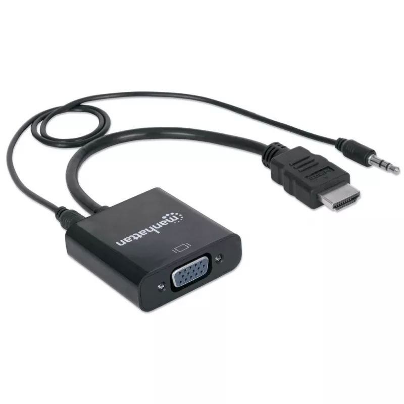 “Manhattan” HDMI į VGA (su garsu) keitiklio kabelis, 1080p, 30 cm, kištukas į lizdą, „Micro-USB“ maitinimo įvesties prievadas papildomai maitinimui prireikus, juodas, trejų metų garantija
