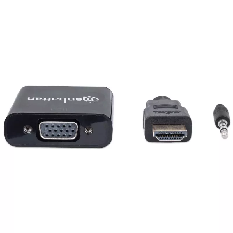 “Manhattan” HDMI į VGA (su garsu) keitiklio kabelis, 1080p, 30 cm, kištukas į lizdą, „Micro-USB“ maitinimo įvesties prievadas papildomai maitinimui prireikus, juodas, trejų metų garantija