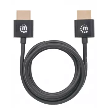 Manhattan HDMI laidas su eternetu (ypač plonas), 4K@60Hz (Premium High Speed), 1 m (3 pėd.), kištukas–kištukas, juodas, Ultra HD 4k x 2k, pilnai ekranuotas, auksuoti kontaktai, garantija visam naudojimo laikui