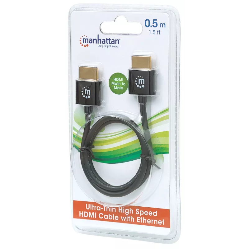 Manhattan HDMI kabelis su Ethernet (Ultra Thin), 4K@60Hz (Premium High Speed), 0,5 m, kištukas-kištukas, juodas, Ultra HD 4k x 2k, pilnai ekranuotas, paauksuoti kontaktai, garantija visam laikui