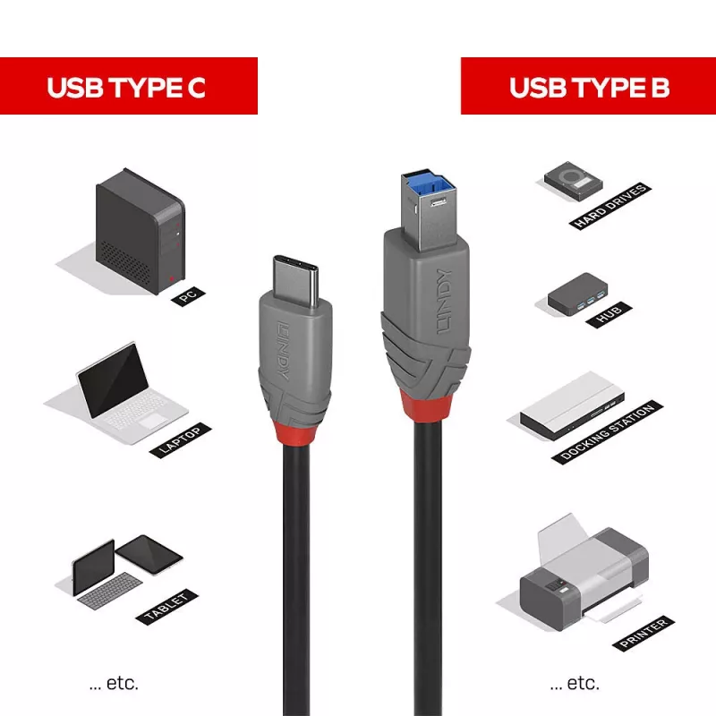 Lindy 0,5 m USB 3.2 Type C – B laidas, 5 Gb/s, juodas