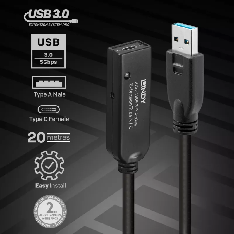 Lindy 20 m USB 3.0 aktyvusis ilginamasis laidas, A į C