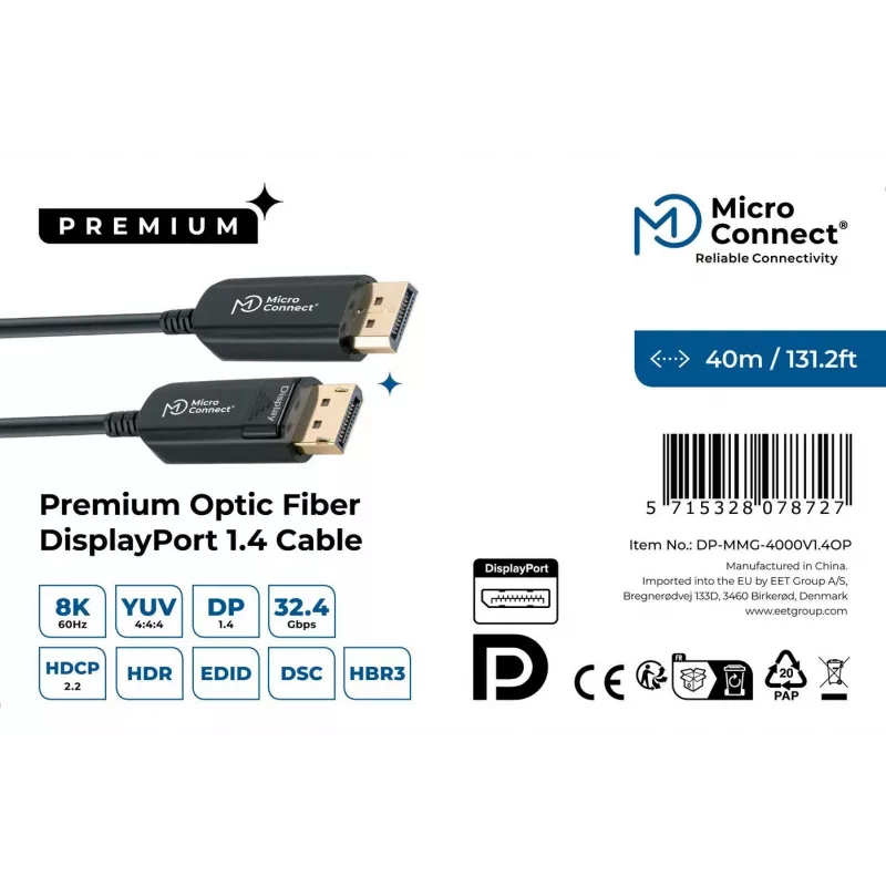DisplayPort kabelis MicroConnect DP-MMG-4000V1.4OP — DisplayPort 1.4, palaiko iki 8K@60Hz