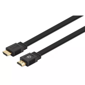 Manhattan plokščias HDMI laidas su Ethernet, 4K@60Hz (Premium High Speed), 10 m, kištukas-kištukas, juodas, Ultra HD 4k x 2k, pilnai ekranuotas, paauksuoti kontaktai, garantija visam gyvenimui