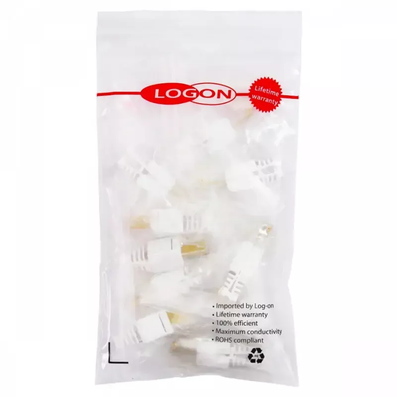 Laido jungtis LOGON TWP8P8TP RJ-45 Cat5e, skaidri / balta / geltona, pakuotė 10 vnt.