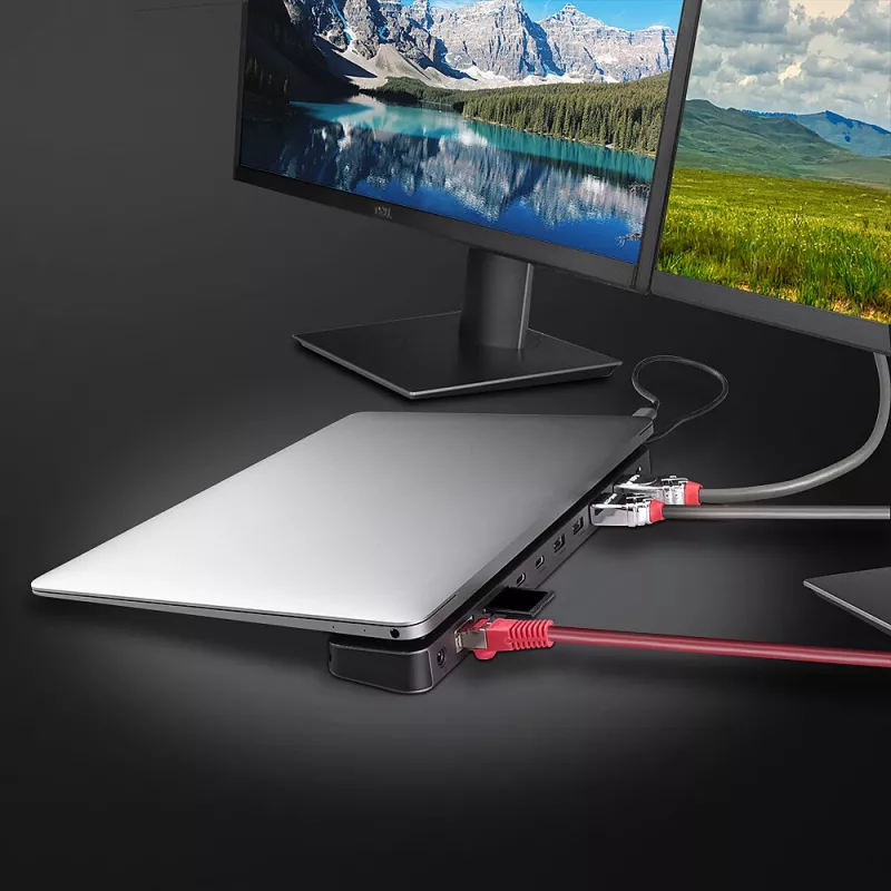 Lindy DST-Mini XT 810, USB-C nešiojamojo kompiuterio mini prijungimo stotelė su vienu ekranu (8K) arba dviem ekranais (4K60) ir 100 W pralaidiniu įkrovimu