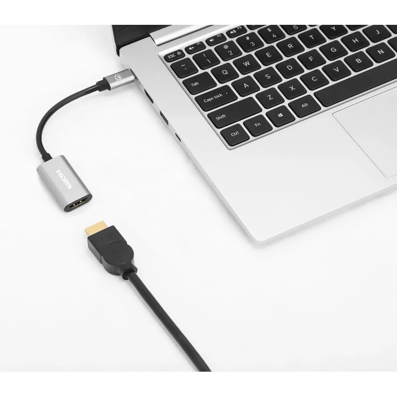 Manhattan USB-C į HDMI kabelis, 4K@60Hz, 5 Gbps (USB 3.2 Gen1 dar žinomas kaip USB 3.0), 11cm, vyriškas į vyrišką, juoda/sidabrinė, trejų metų garantija