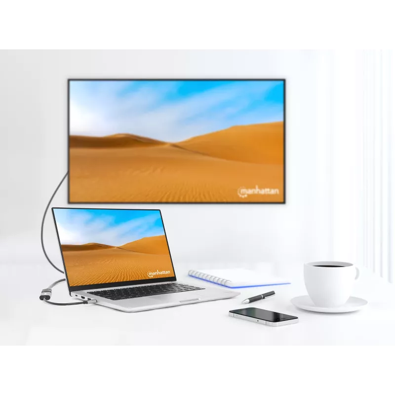 Manhattan USB-C į HDMI kabelis, 4K@60Hz, 5 Gbps (USB 3.2 Gen1 dar žinomas kaip USB 3.0), 11cm, vyriškas į vyrišką, juoda/sidabrinė, trejų metų garantija