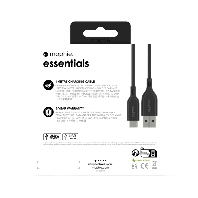 mophie essentials įkrovimo kabeliai | 1 m USB kabelis USB 2.0 USB A USB C juodas