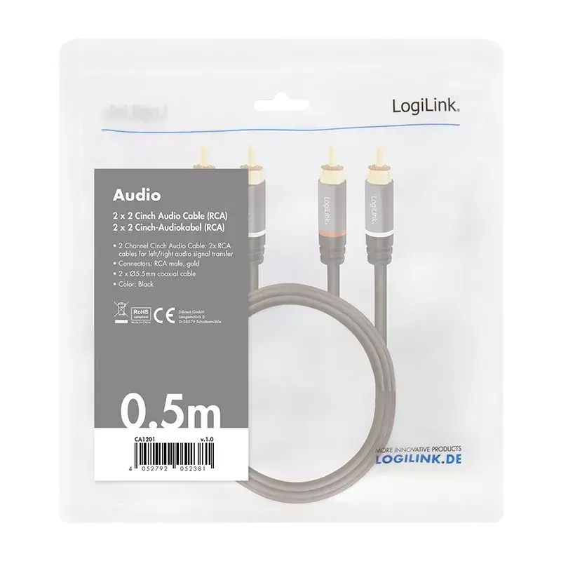 Garsinis kabelis LogiLink CA1201 0,5 m 2 x RCA juodas