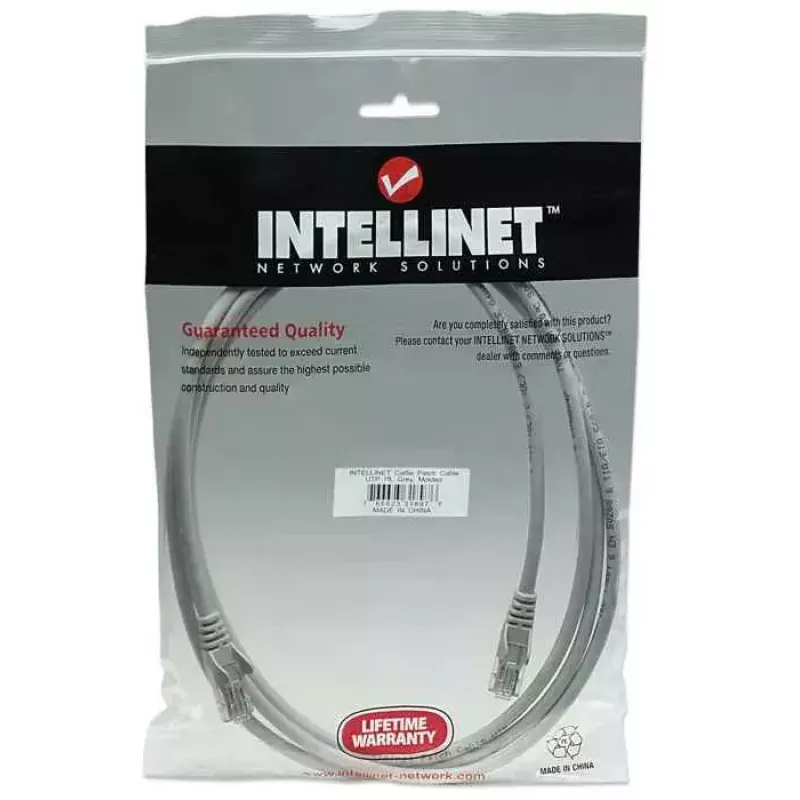 Intellinet tinklo kabelis, Cat5e, 2m, pilkas, CCA, U/UTP, PVC, RJ45, auksuoti kontaktai, bekliūtis, apsauginė įvorė, garantija visam laikui