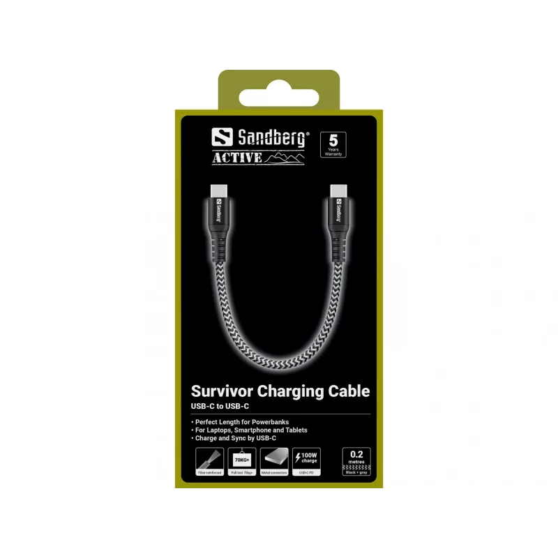 USB-C laidas Sandberg Survivor 0,2M 100W juoda balta