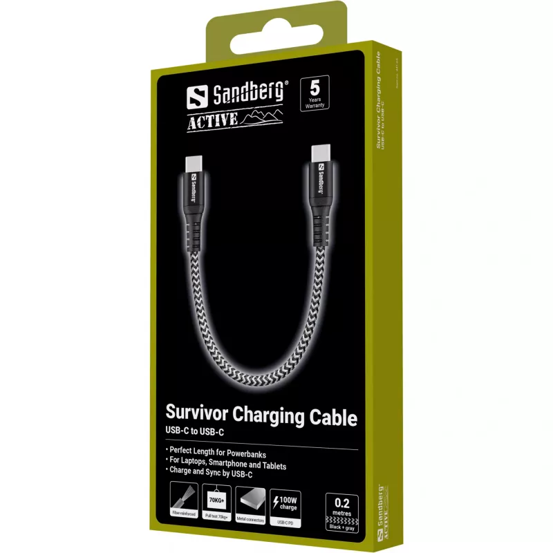 USB-C laidas Sandberg Survivor 0,2M 100W juoda balta