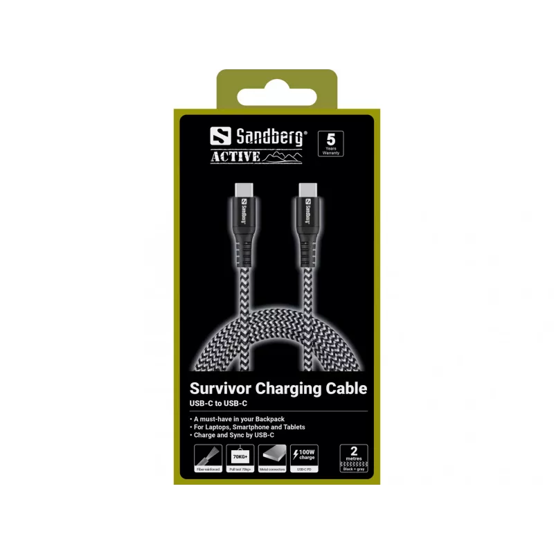 USB-C laidas Sandberg Survivor 2M 100W juoda balta