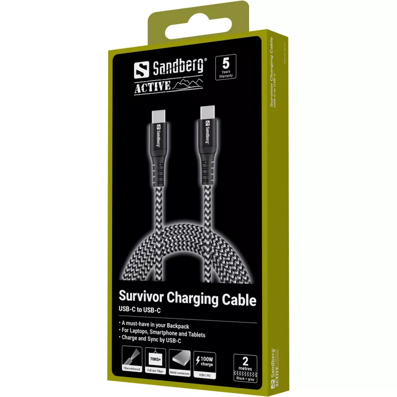 USB-C laidas Sandberg Survivor 2M 100W juoda balta