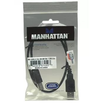 Manhattan USB-A į USB-B kabelis, 0,5 m, kištukas-kištukas, 480 Mbps (USB 2.0), Hi-Speed USB, juodas, garantija visam laikui, atitinka USB2HAB50CM