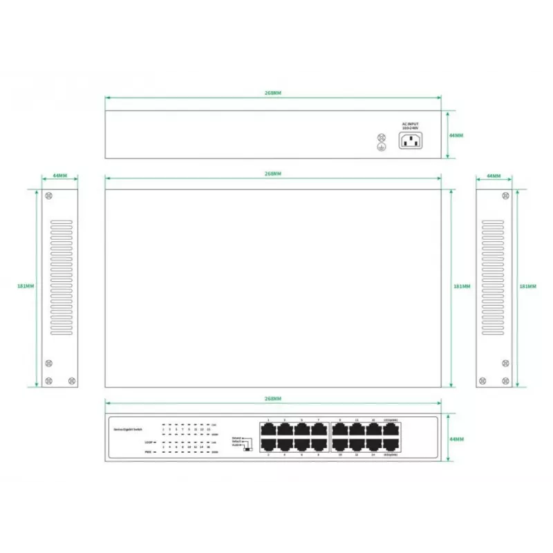 Nevaldomas komutatorius Lanview LVN-1U-16PORT-1G 16 prievadų 1 Gbps Ethernet, stovo montavimo 1U