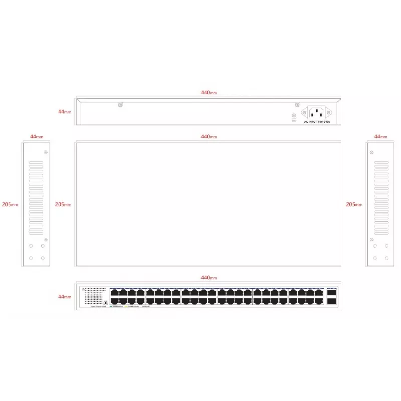 Lanview nevaldomas komutatorius LVN-1UMOUNT-48PORT-2SFP-1G — 48x RJ45 1G prievadai, 2x SFP jungtys