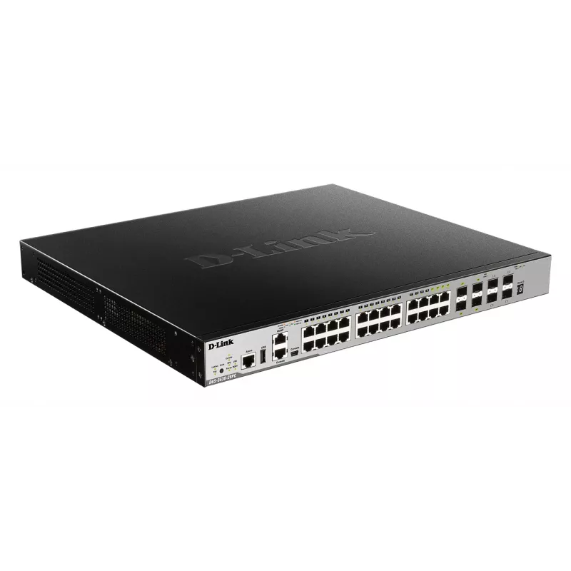 D-Link 24 prievadų PoE L3 krovimo valdomas gigabitinis jungiklis su 4 x 1000BaseT/SFP ir 4 x 10GE SFP+