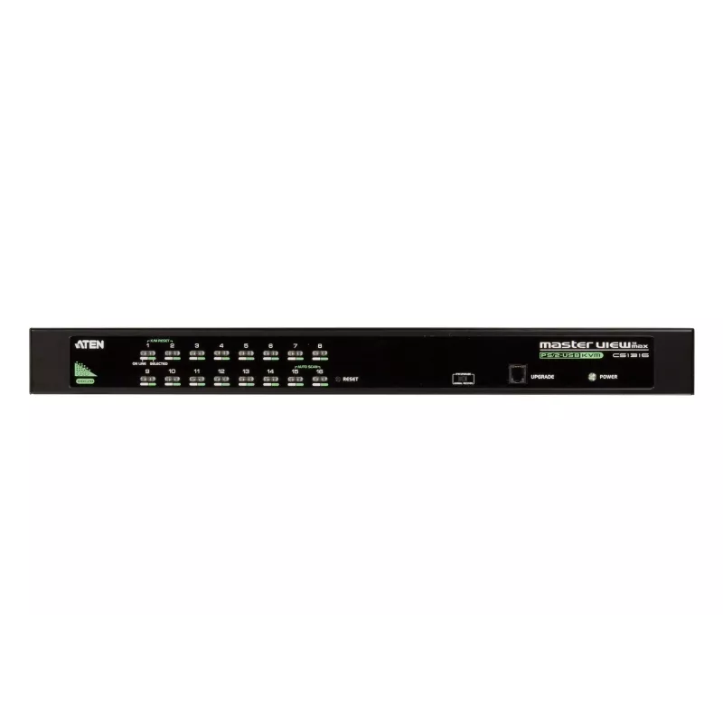 ATEN 16 prievadų USB - PS/2 VGA KVM jungiklis, 2048 x 1536 pikselių, QXGA, montavimas stelaže, 6,5 W, 1U, juodas