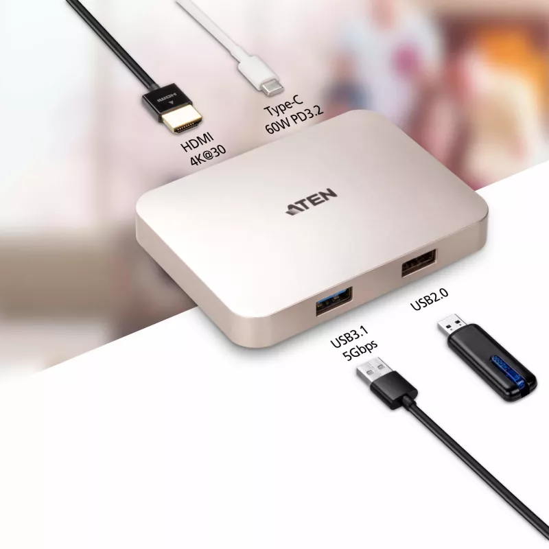 USB-C į USB 2.0 sąsajos šakotuvas ATEN UH3235 — Type-C įvestis, keli USB-A prievadai, sidabrinis