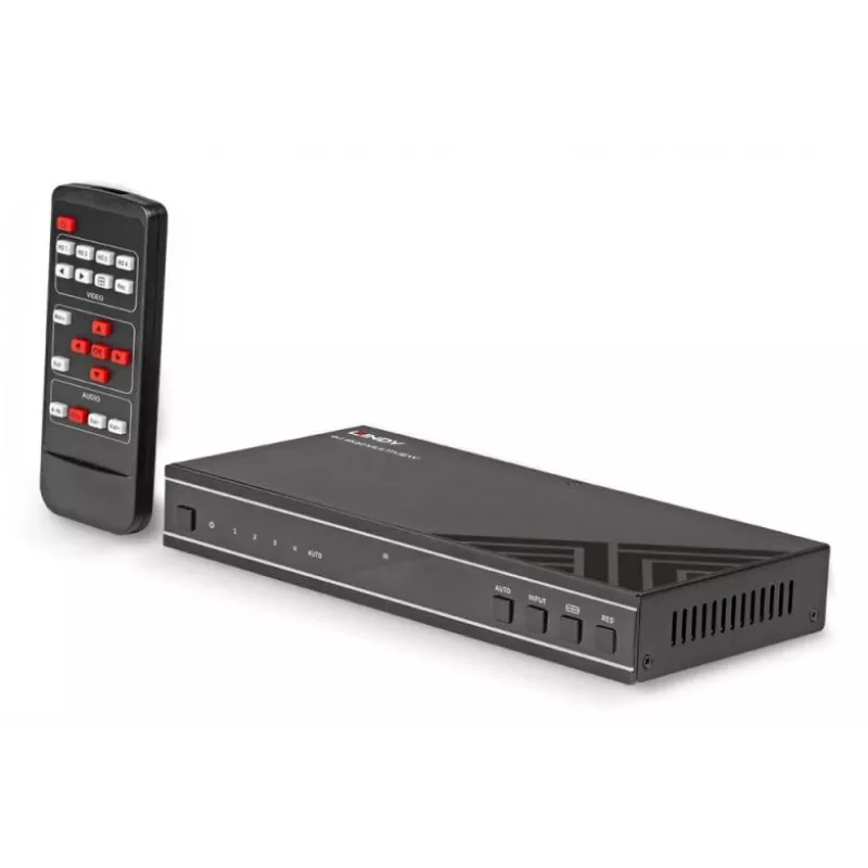 AV imtuvas Lindy 4x1 4K60 HDMI vientisas kelių langų perjungiklis, 3840x2160@60Hz, 12V 2.5A, juodas